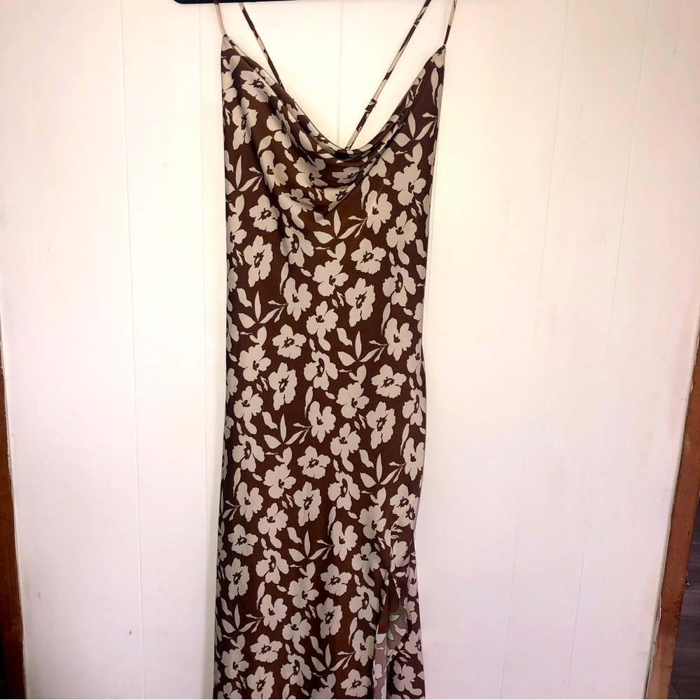 Astr Satin Strappy Brown Floral Midi Dress Women’s Large